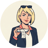 Karen, a cartoon woman with a blonde bob holding up a receipt