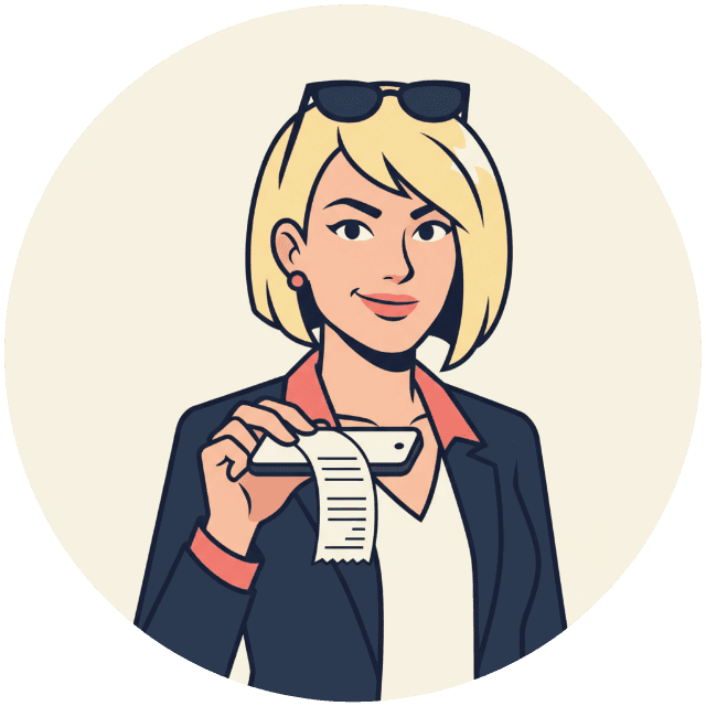 Karen, a cartoon woman with a blonde bob holding up a receipt
